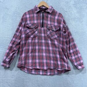 Cold Storage Foul Weather Gear Flannel Shirt Men L Pink Plaid Cotton Quarter Zip